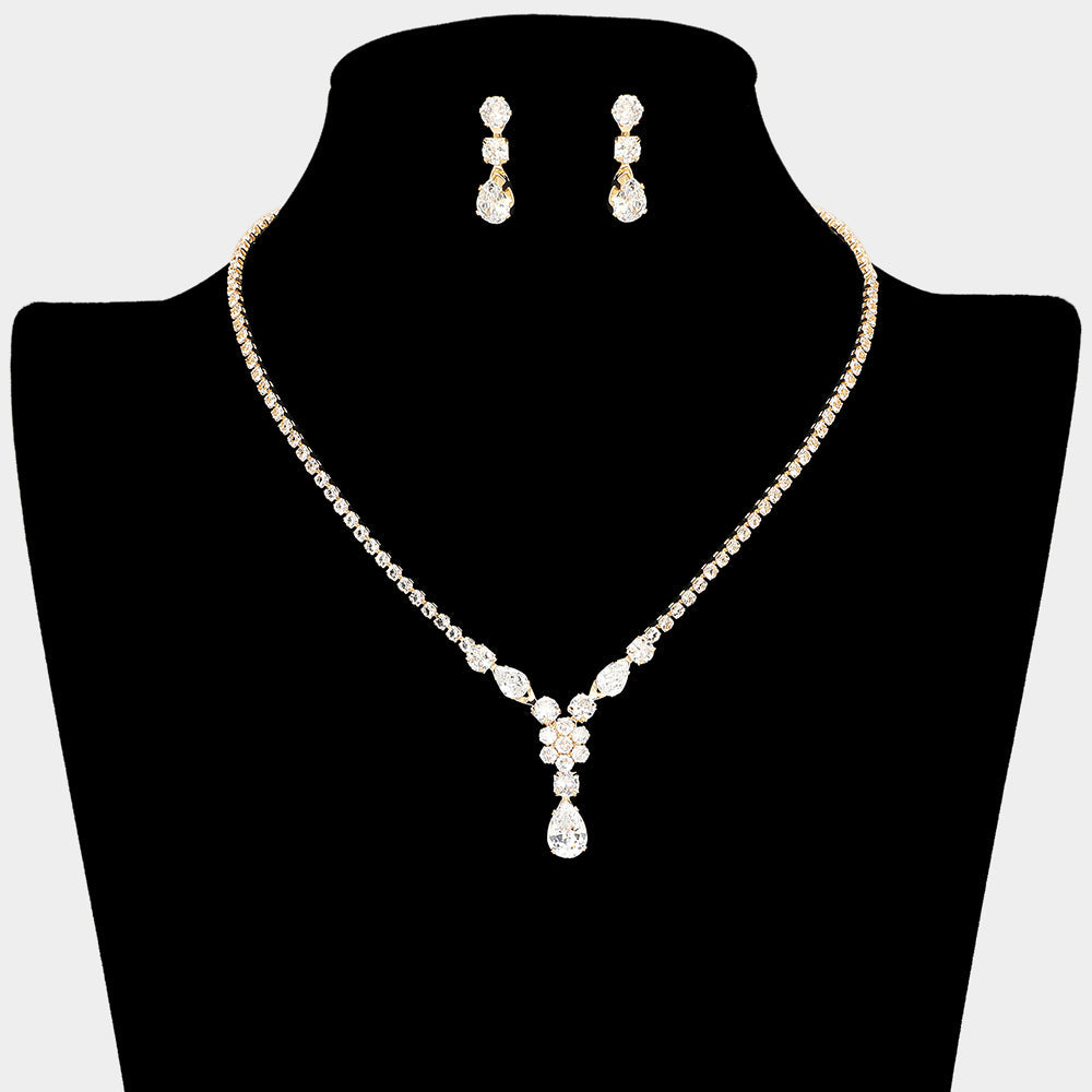 Madeline Love Clear, Gold Flower CZ Stone Cluster Center Teardrop Accent Rhinestone Paved Necklace - Jewelry