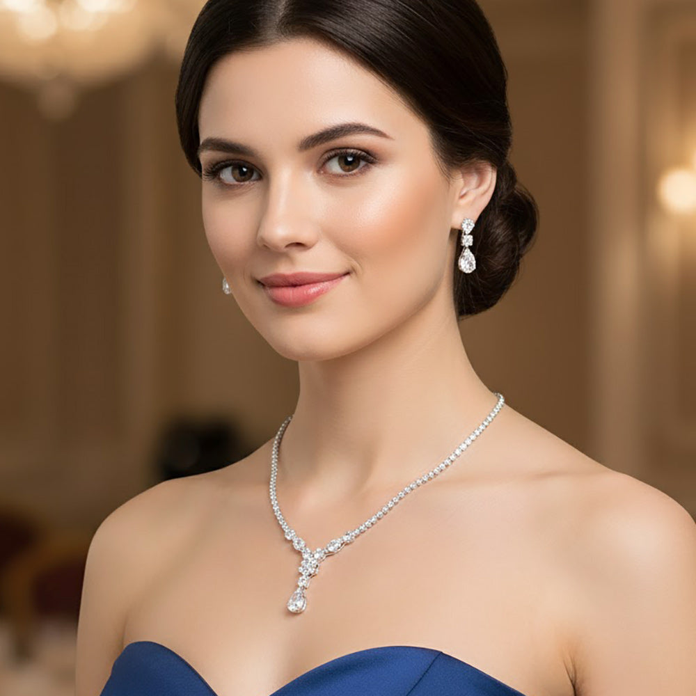 Madeline Love Clear, Silver Flower CZ Stone Cluster Center Teardrop Accent Rhinestone Paved Necklace - Jewelry