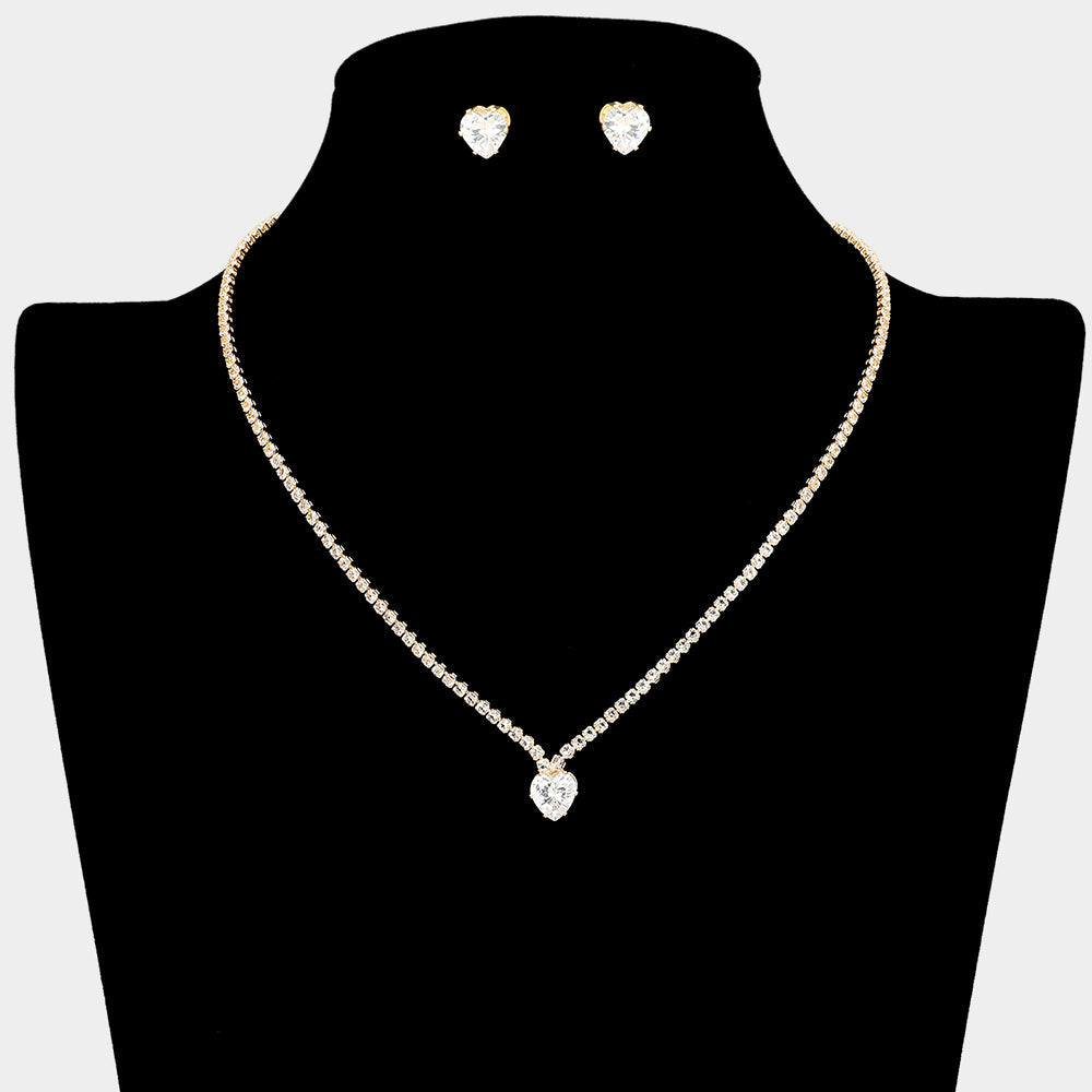 Madeline Love Clear, Gold CZ Heart Stone Cluster Accent Rhinestone Paved Necklace - Jewelry
