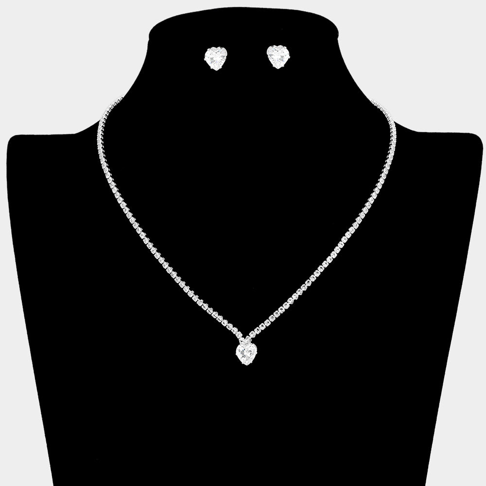 Madeline Love Clear, Silver CZ Heart Stone Cluster Accent Rhinestone Paved Necklace - Jewelry