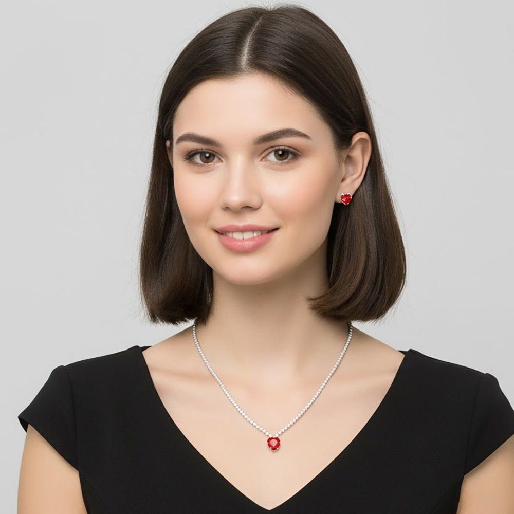 Madeline Love Red, Silver CZ Heart Stone Cluster Accent Rhinestone Paved Necklace - Jewelry