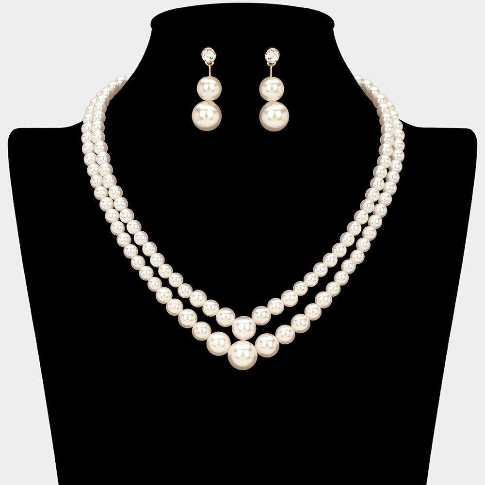 Madeline Love Cream, Gold Double Strand Pearl Necklace - Necklaces
