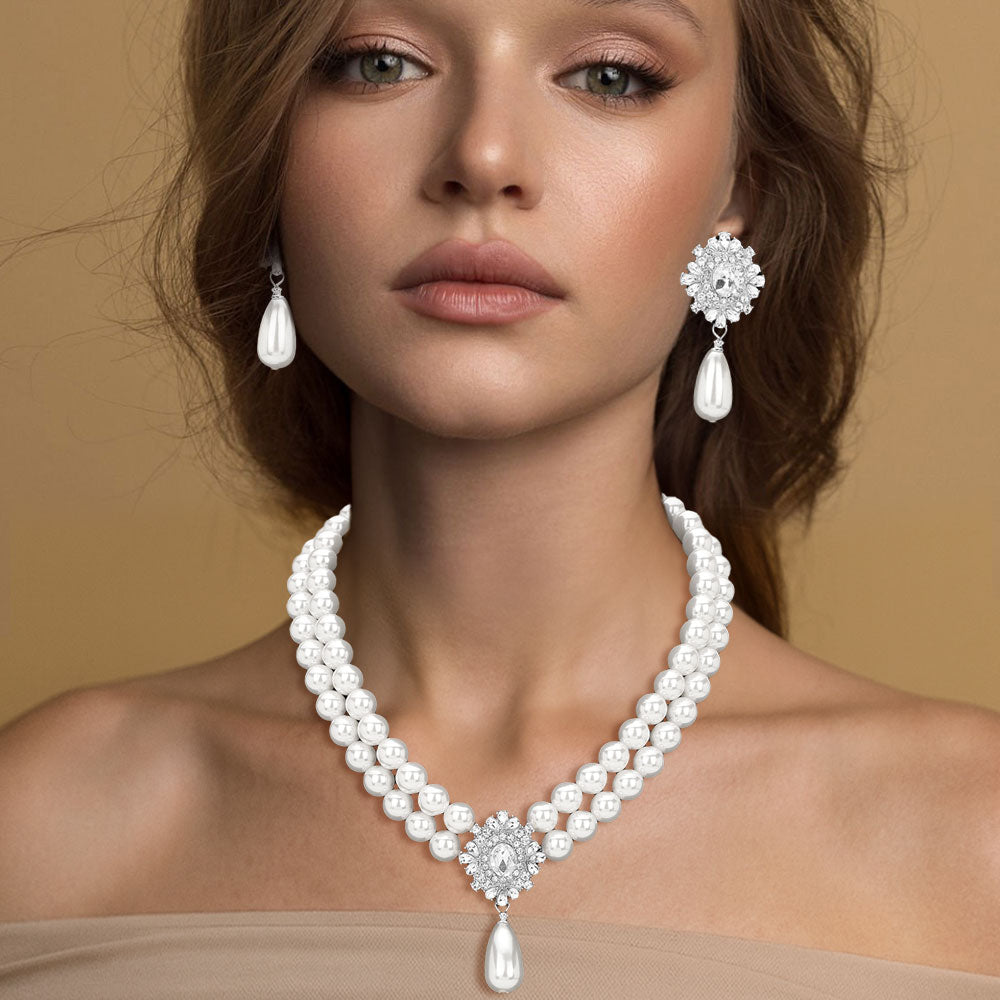 Madeline Love Cream, Silver Glamours Oval Rhinestone Pendant Accent Double Strand Pearl Necklace - Necklaces