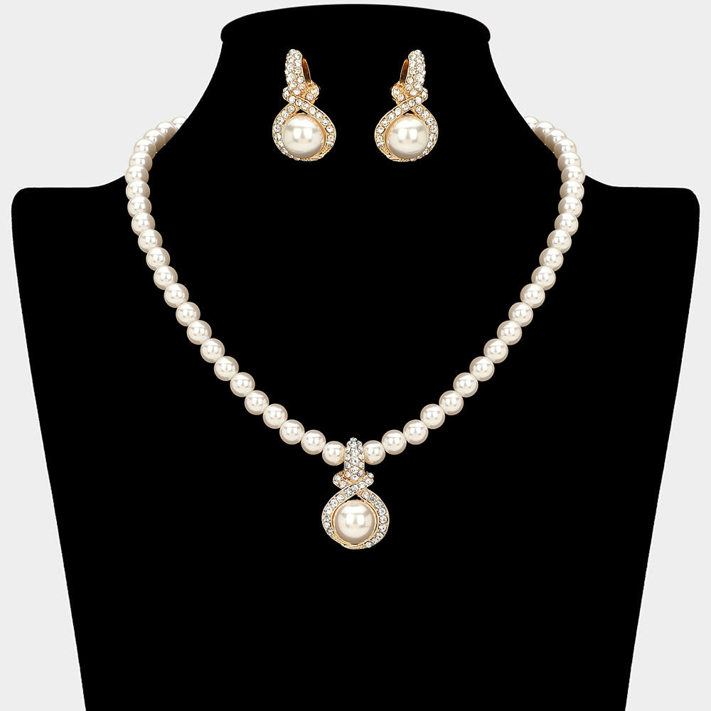 Madeline Love Cream, Gold Rhinestone Paved Rim Pearl Pendant Accent Necklace - Necklaces