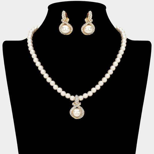 Madeline Love Cream, Gold Rhinestone Paved Rim Pearl Pendant Accent Necklace - Necklaces