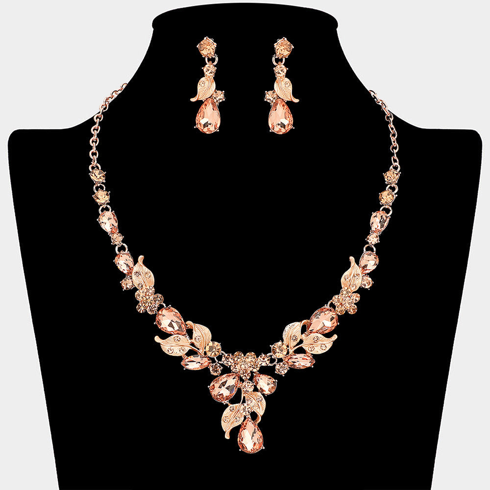 Madeline Love Peach, Rose Gold Teardrop Stone Cluster Leaf Embellished Necklace - Jewelry