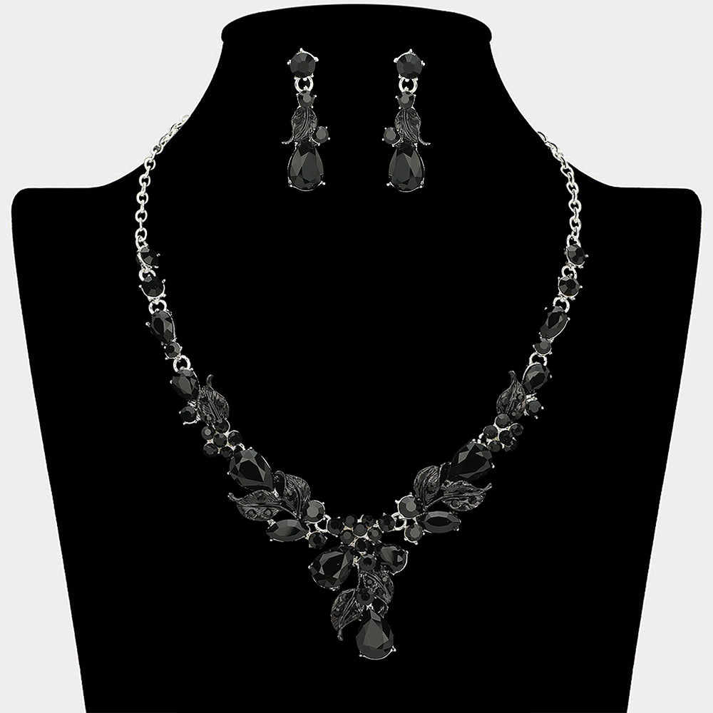 Madeline Love Black, Silver Teardrop Stone Cluster Leaf Embellished Necklace - Jewelry