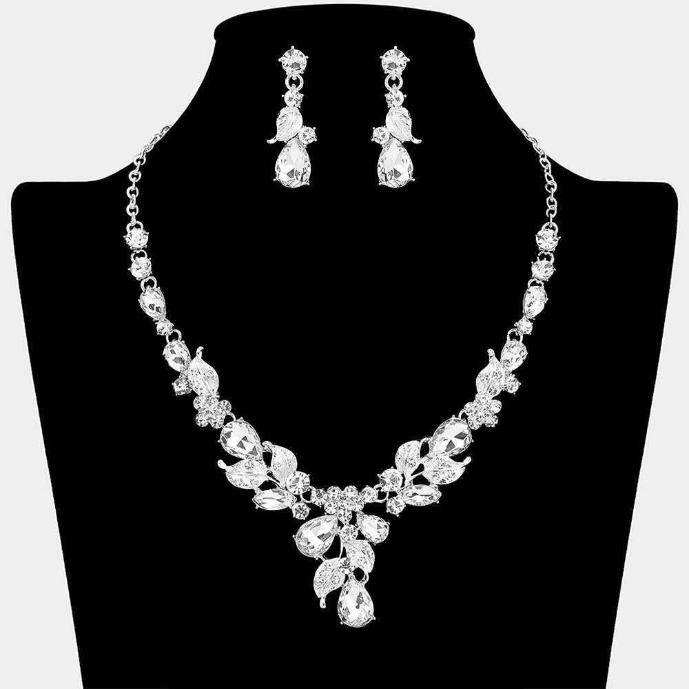 Madeline Love Clear, Silver Teardrop Stone Cluster Leaf Embellished Necklace - Jewelry