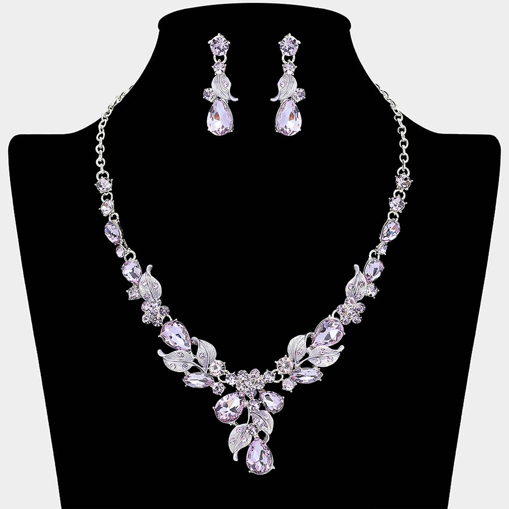 Madeline Love Amethyst , Silver Teardrop Stone Cluster Leaf Embellished Necklace - Jewelry