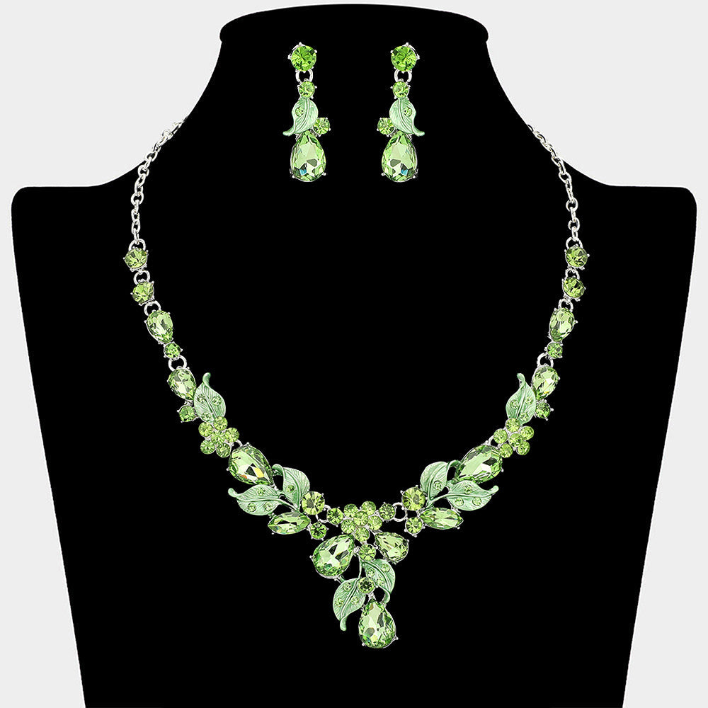 Madeline Love Green, Light, Silver Teardrop Stone Cluster Leaf Embellished Necklace - Jewelry