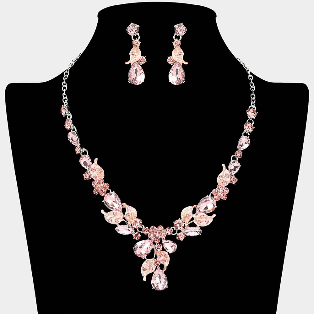 Madeline Love Light, Rose, Silver Teardrop Stone Cluster Leaf Embellished Necklace - Jewelry