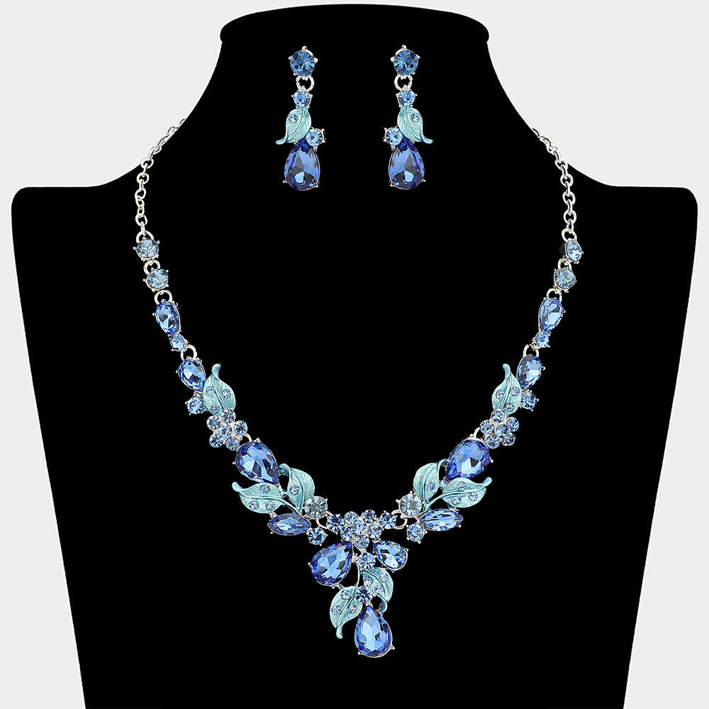 Madeline Love Light, Sapphire, Silver Teardrop Stone Cluster Leaf Embellished Necklace - Jewelry