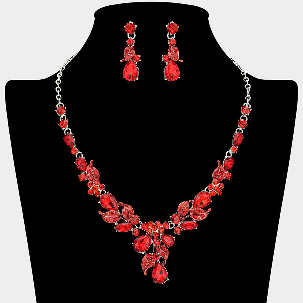 Madeline Love Red, Silver Teardrop Stone Cluster Leaf Embellished Necklace - Jewelry