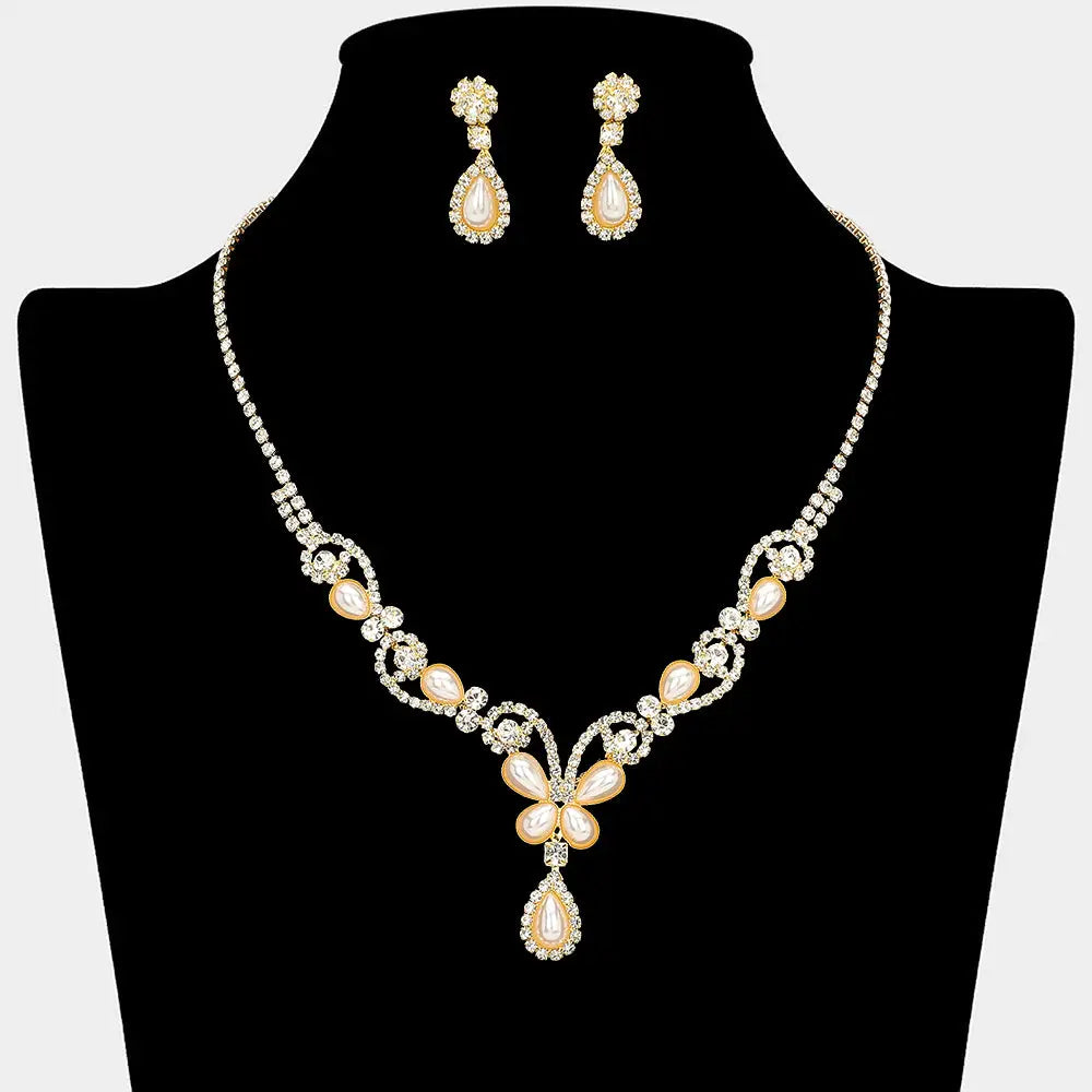 Madeline Love Cream, Gold Teardrop Pearl Embellished Rhinestone Paved Necklace - Jewelry
