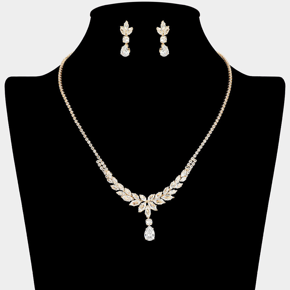Madeline Love Clear, Gold Marquise CZ Stone Cluster Leaf Motif Necklace - Jewelry