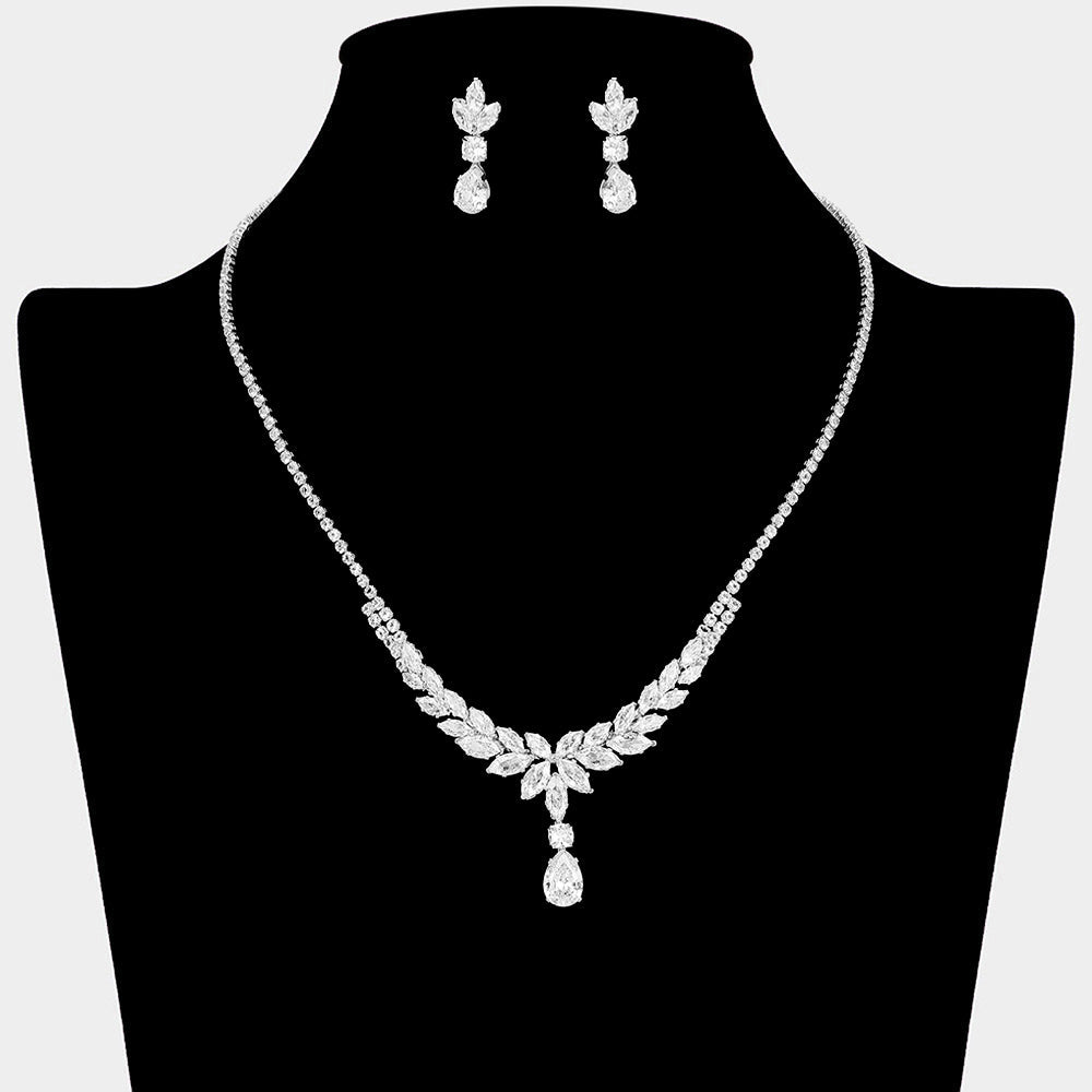 Madeline Love Clear, Silver Marquise CZ Stone Cluster Leaf Motif Necklace - Jewelry