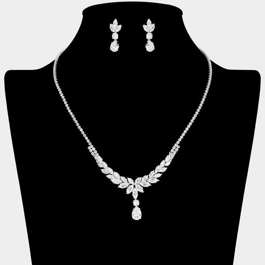 Madeline Love Clear, Silver Marquise CZ Stone Cluster Leaf Motif Necklace - Jewelry