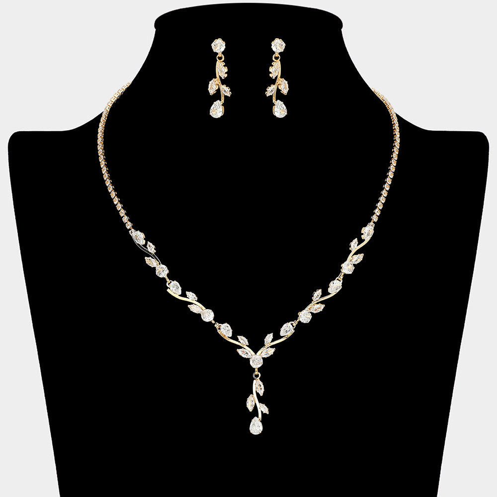 Madeline Love Clear, Gold Marquise CZ Stone Cluster Leaf Vine Necklace - Jewelry