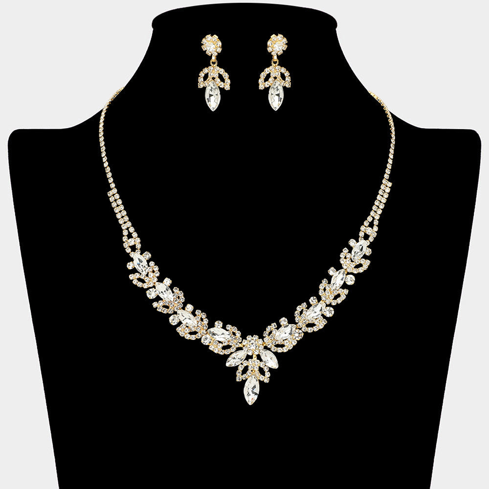 Madeline Love Clear, Gold Marquise Stone Cluster Leaf Drop Rhinestone Paved Necklace - Jewelry