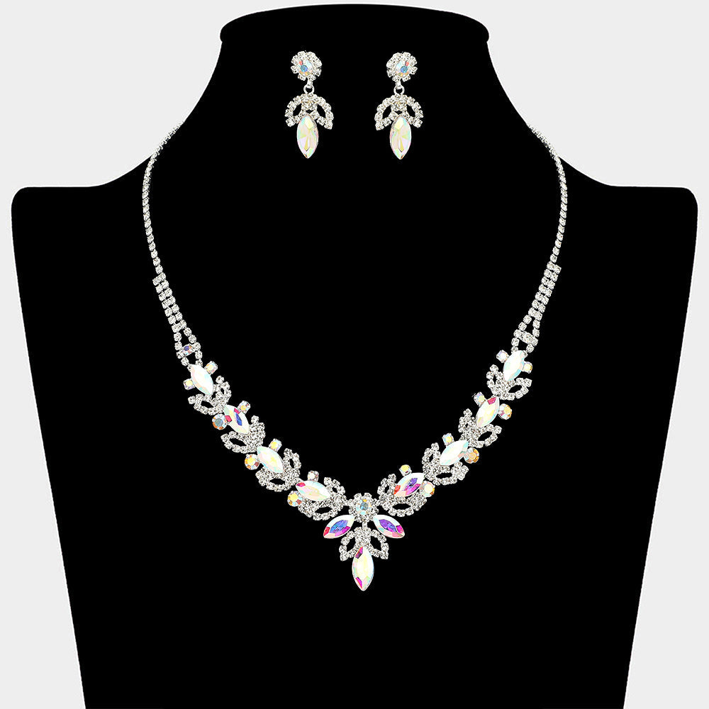 Madeline Love AB, Silver Marquise Stone Cluster Leaf Drop Rhinestone Paved Necklace - Jewelry