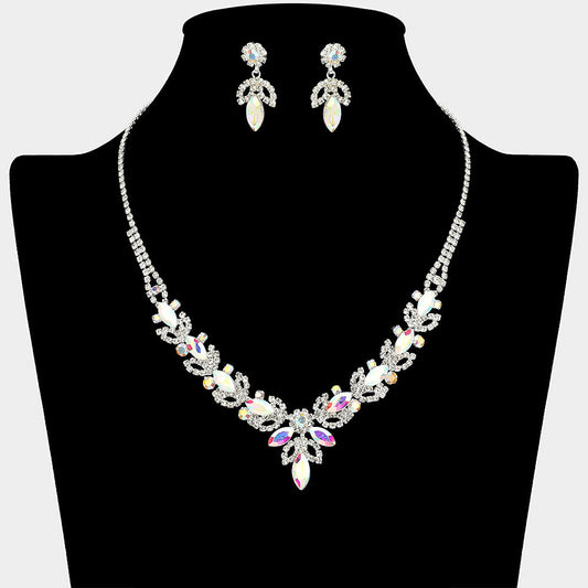 Madeline Love AB, Silver Marquise Stone Cluster Leaf Drop Rhinestone Paved Necklace - Jewelry