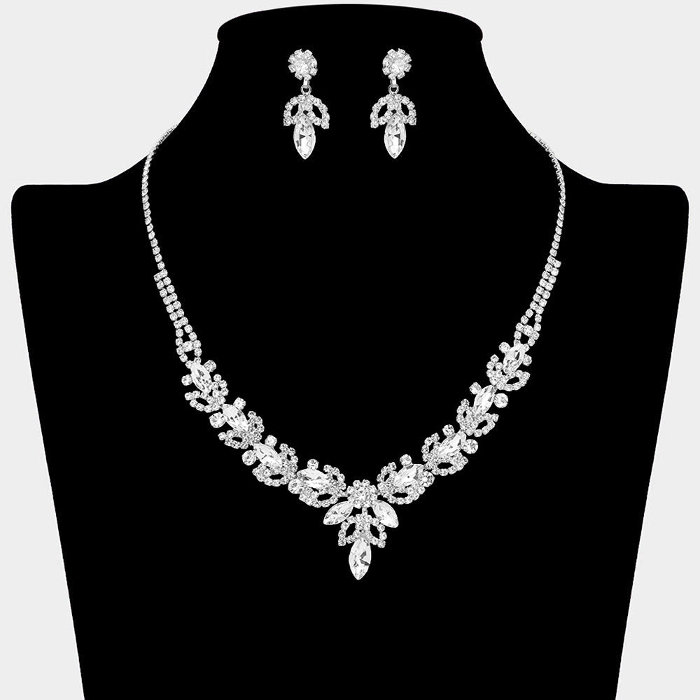 Madeline Love Clear, Silver Marquise Stone Cluster Leaf Drop Rhinestone Paved Necklace - Jewelry