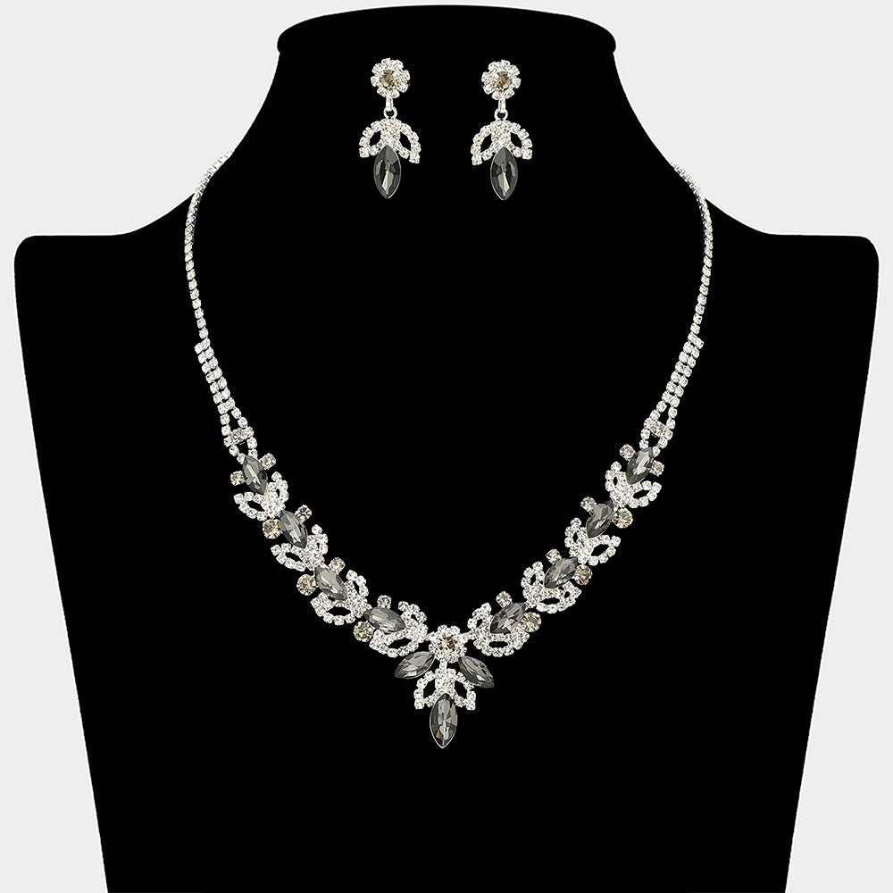 Madeline Love Black Diamond, Silver Marquise Stone Cluster Leaf Drop Rhinestone Paved Necklace - Jewelry