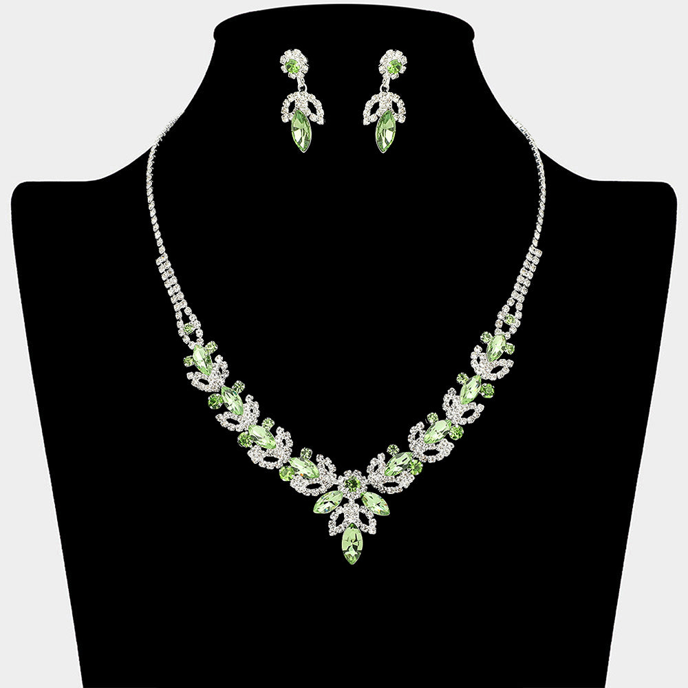 Madeline Love Green, Light, Silver Marquise Stone Cluster Leaf Drop Rhinestone Paved Necklace - Jewelry