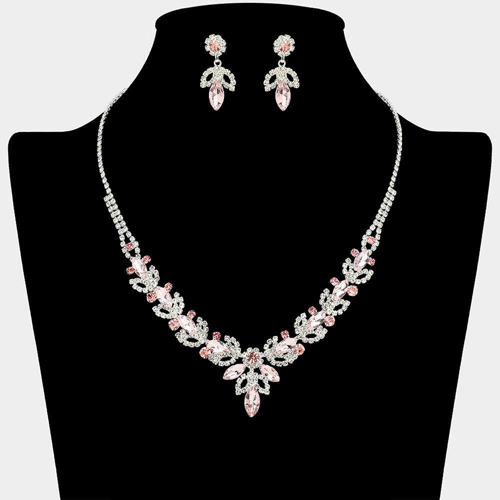 Madeline Love Light, Rose, Silver Marquise Stone Cluster Leaf Drop Rhinestone Paved Necklace - Jewelry