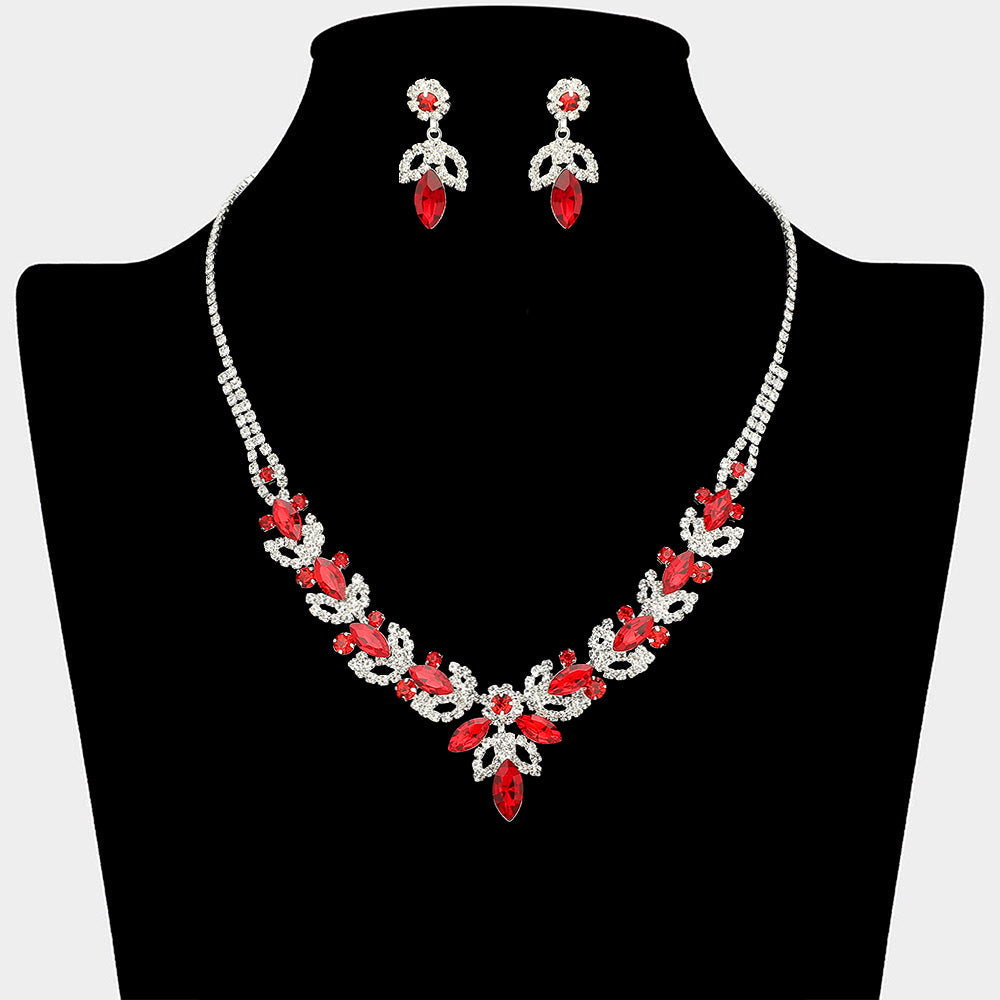 Madeline Love Red, Silver Marquise Stone Cluster Leaf Drop Rhinestone Paved Necklace - Jewelry
