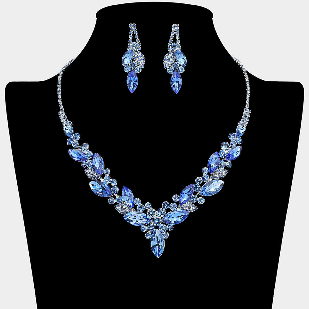 Madeline Love Light, Sapphire, Silver Marquise Stone Cluster Embellished Necklace - Jewelry