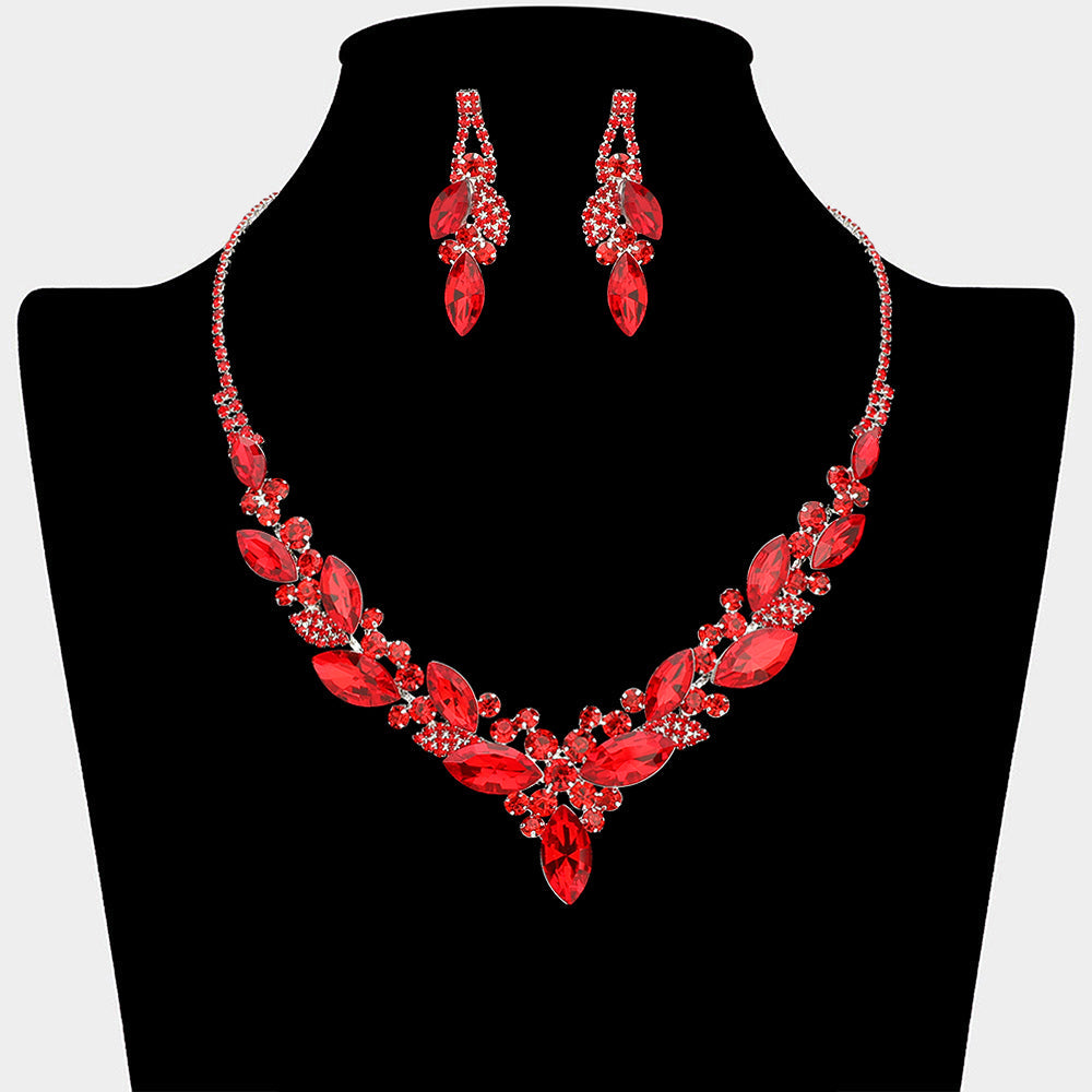 Madeline Love Red, Silver Marquise Stone Cluster Embellished Necklace - Jewelry