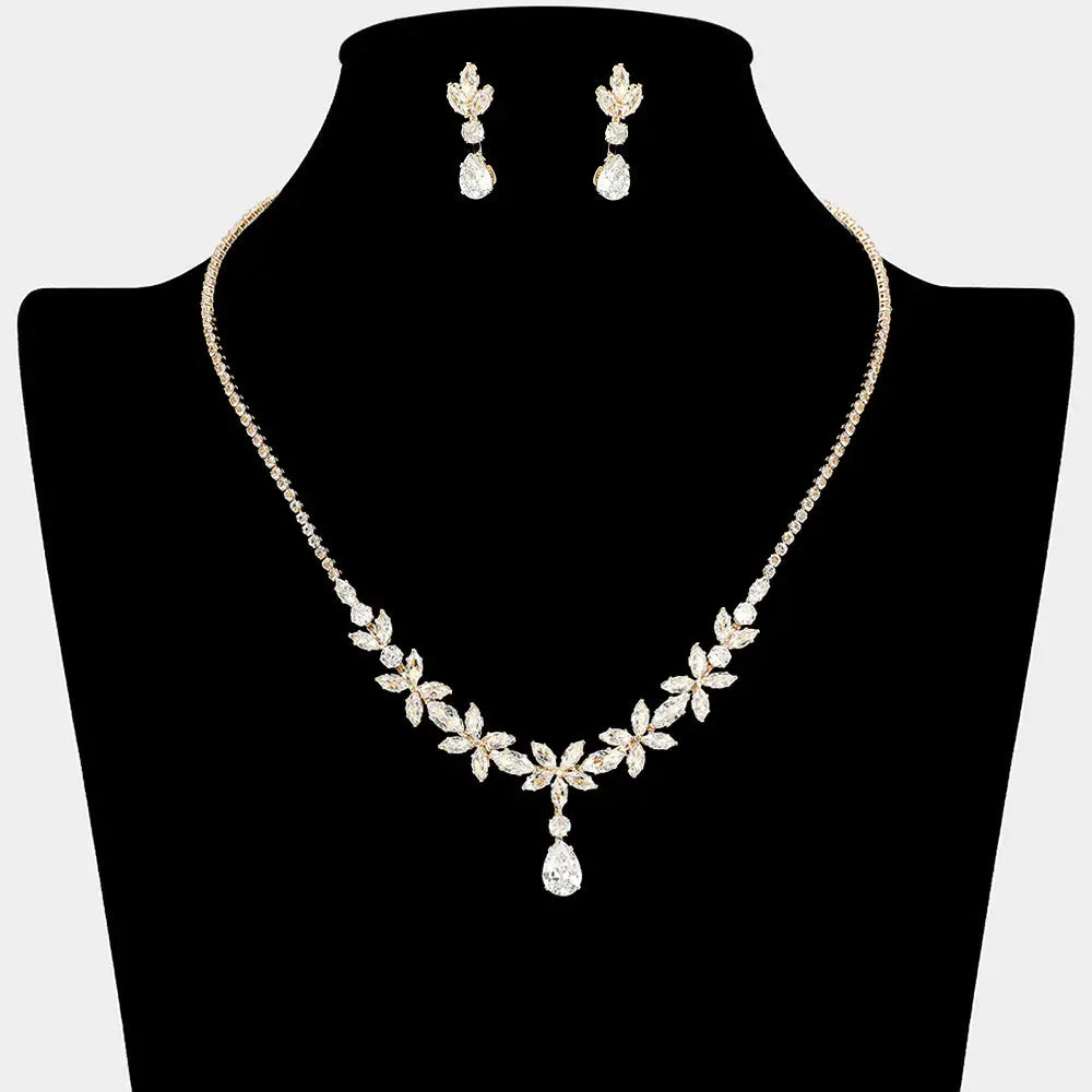 Madeline Love Clear, Gold Teardrop CZ Stone Cluster Drop Floral Necklace - Jewelry
