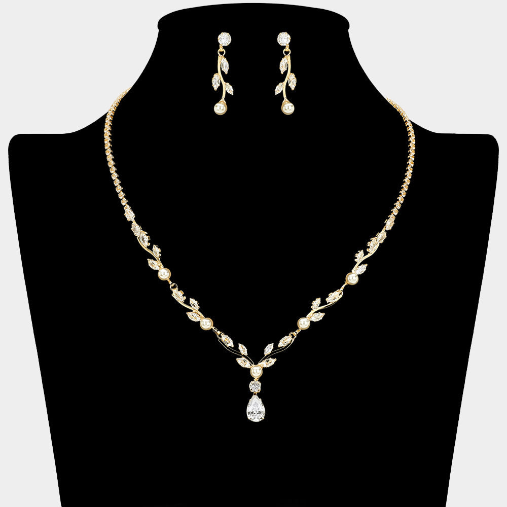 Madeline Love Clear, Gold Pearl Bezel Marquise CZ Stone Cluster Link Vine Necklace
