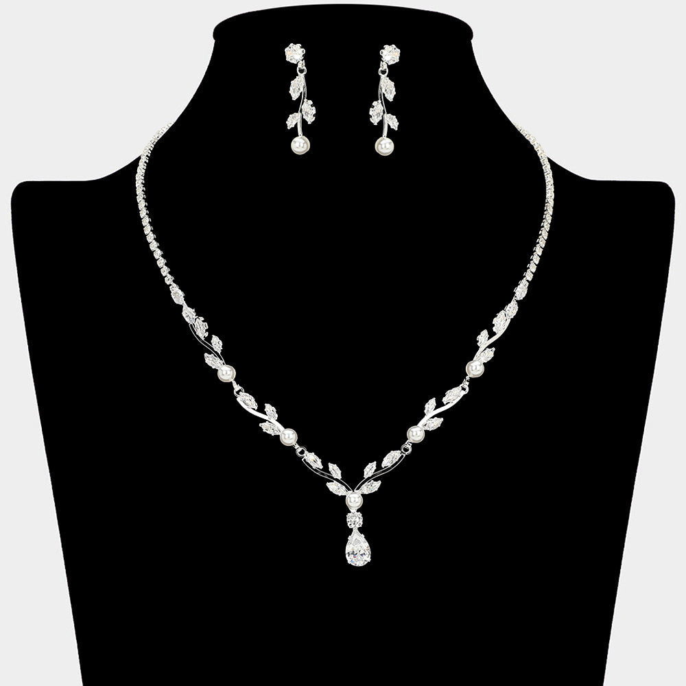 Madeline Love Clear, Silver Pearl Bezel Marquise CZ Stone Cluster Link Vine Necklace - Jewelry