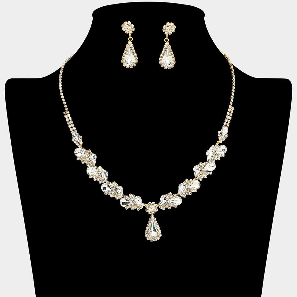 Madeline Love Clear, Gold Teardrop Stone Pendant Accent Marquise Flower Stone Cluster Embellished Necklace - Jewelry