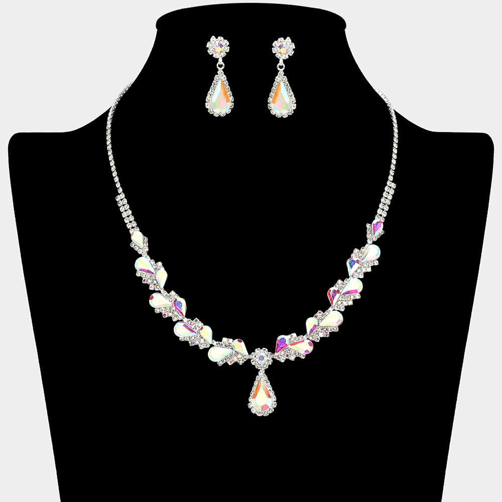 Madeline Love AB, Silver Teardrop Stone Pendant Accent Marquise Flower Stone Cluster Embellished Necklace - Jewelry