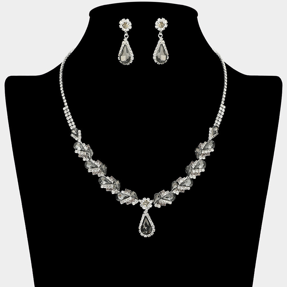 Madeline Love Black Diamond, Silver Teardrop Stone Pendant Accent Marquise Flower Stone Cluster Embellished Necklace - Jewelry