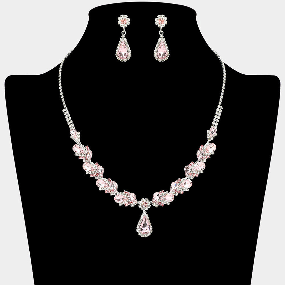 Madeline Love Light, Rose, Silver Teardrop Stone Pendant Accent Marquise Flower Stone Cluster Embellished Necklace - Jewelry