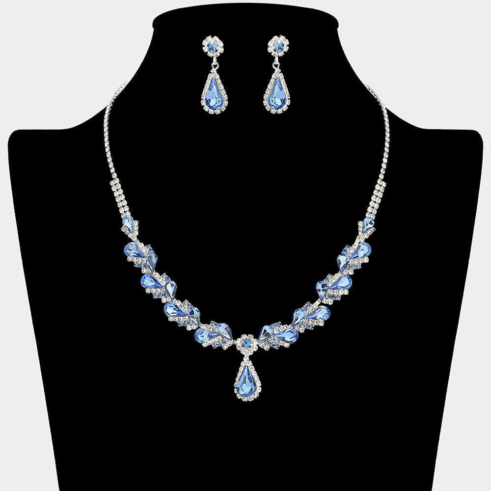 Madeline Love Light, Sapphire, Silver Teardrop Stone Pendant Accent Marquise Flower Stone Cluster Embellished Necklace - Jewelry