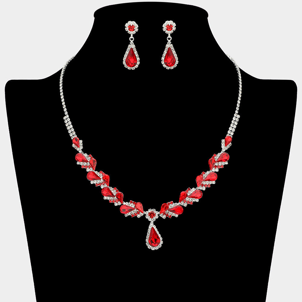 Madeline Love Red, Silver Teardrop Stone Pendant Accent Marquise Flower Stone Cluster Embellished Necklace - Jewelry