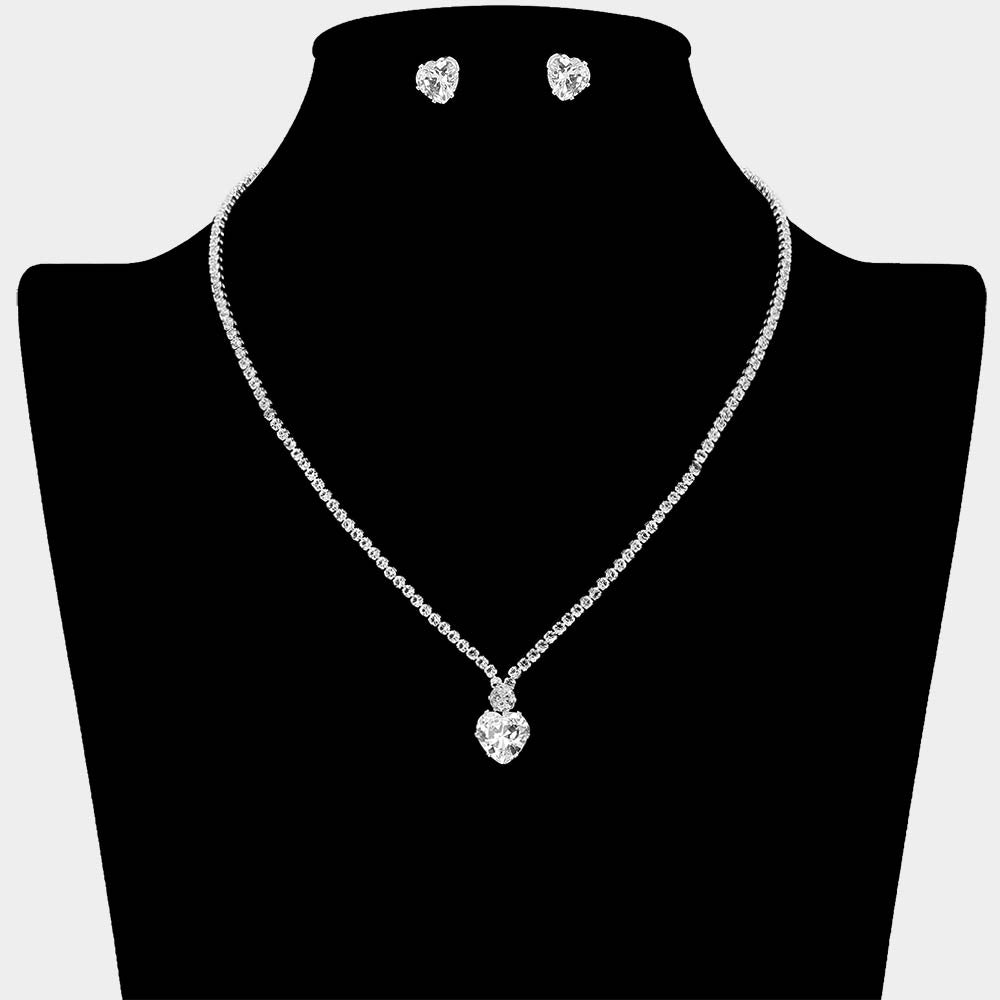 Madeline Love Clear, Silver CZ Heart Stone Cluster Pendant Accent RHinestone Pave Necklace - Jewelry