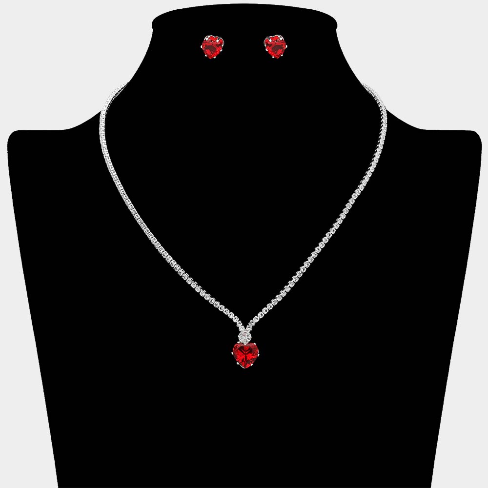 Madeline Love Red, Silver CZ Heart Stone Cluster Pendant Accent RHinestone Pave Necklace - Jewelry