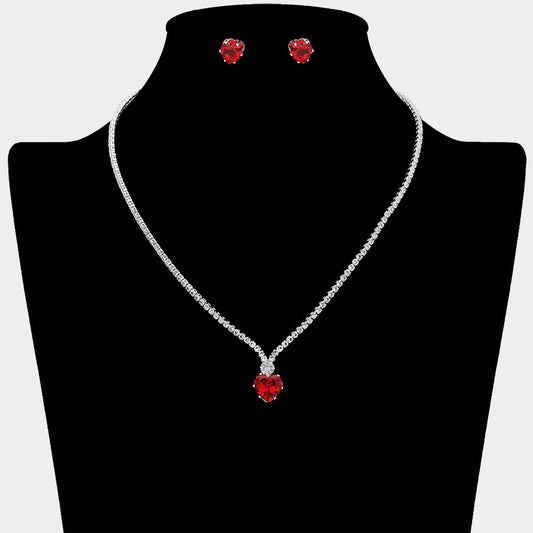 Madeline Love Red, Silver CZ Heart Stone Cluster Pendant Accent RHinestone Pave Necklace - Jewelry