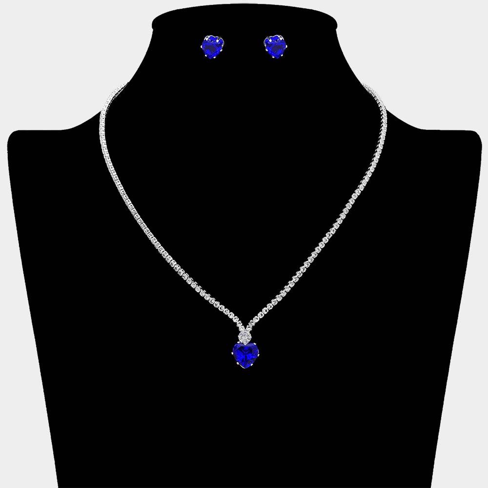 Madeline Love Sapphire, Silver CZ Heart Stone Cluster Pendant Accent RHinestone Pave Necklace - Jewelry