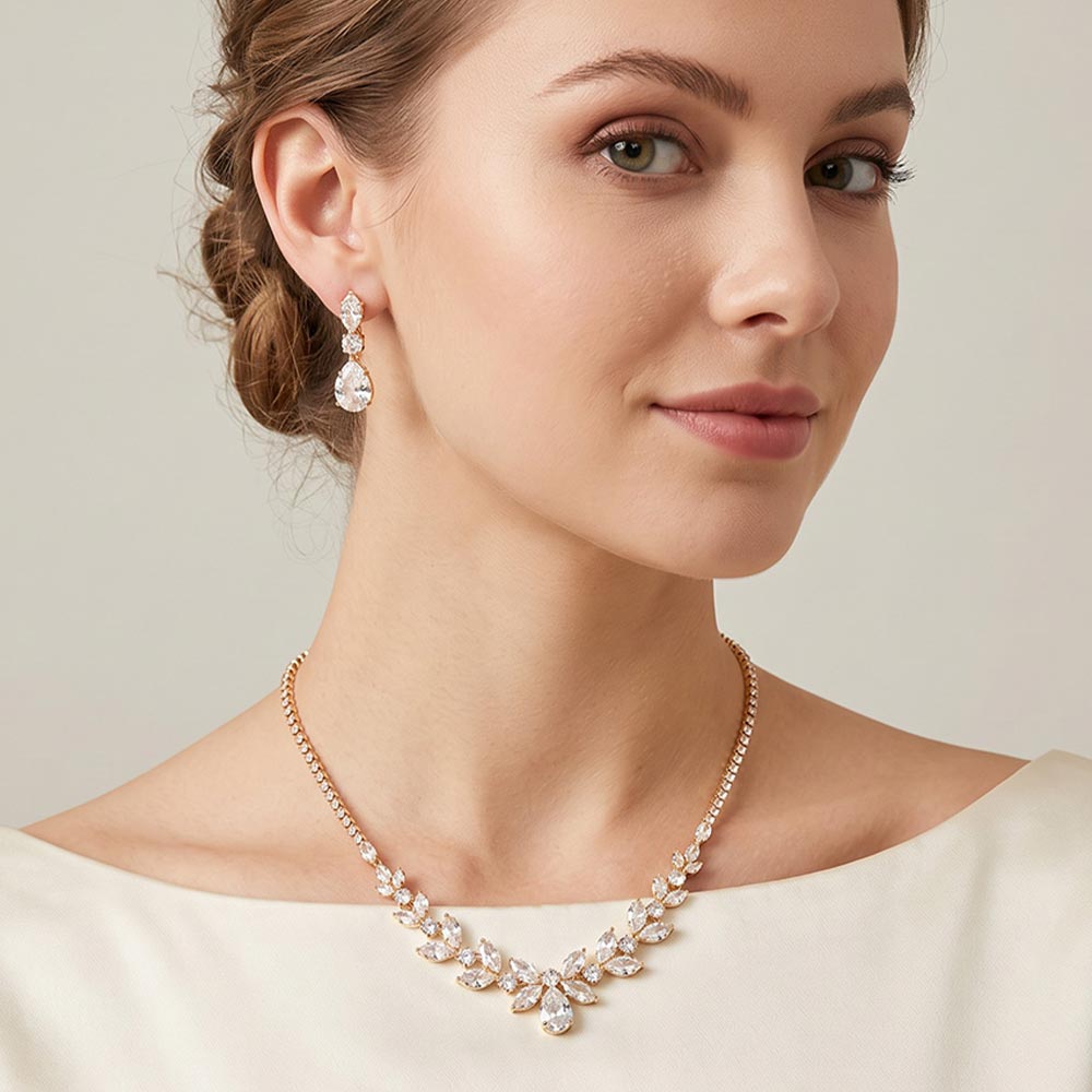 Madeline Love Clear, Gold Marquise Teardrop CZ Stone Cluster Embellished Rhinestone Paved Necklace