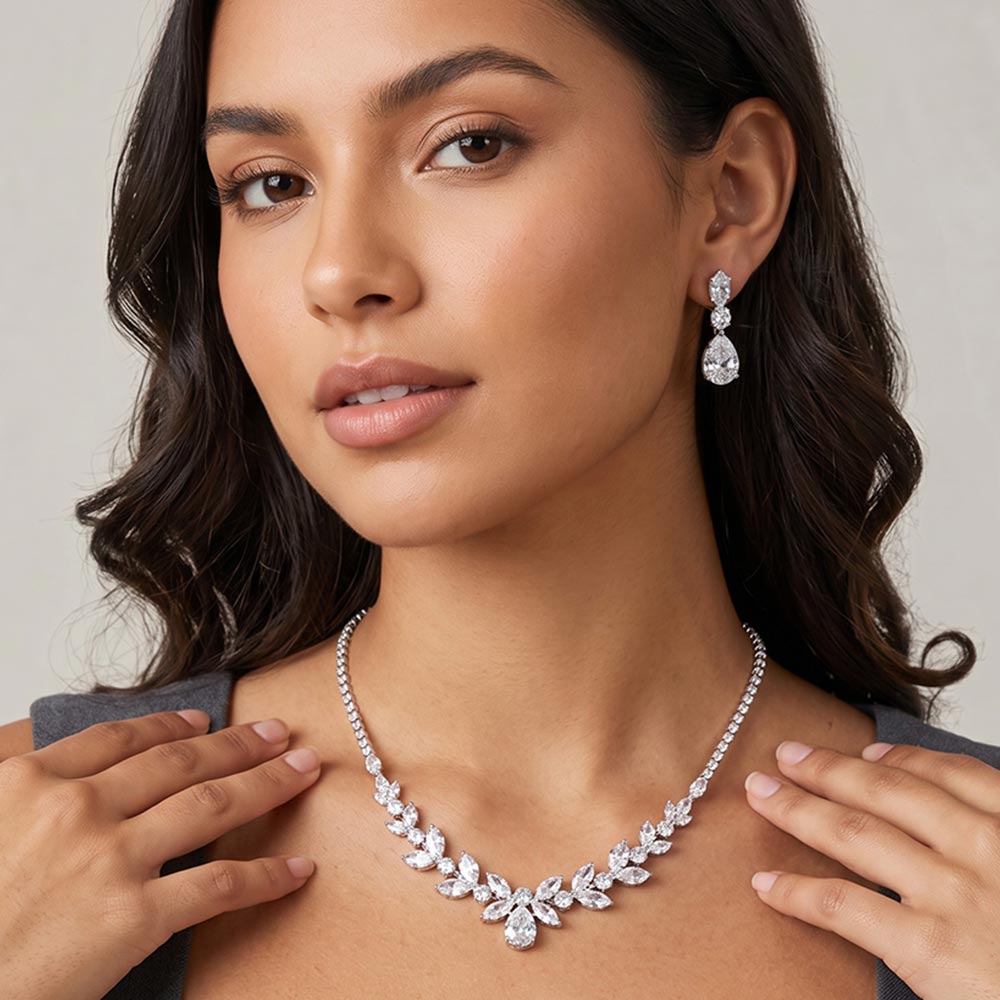 Madeline Love Clear, Silver Marquise Teardrop CZ Stone Cluster Embellished Rhinestone Paved Necklace