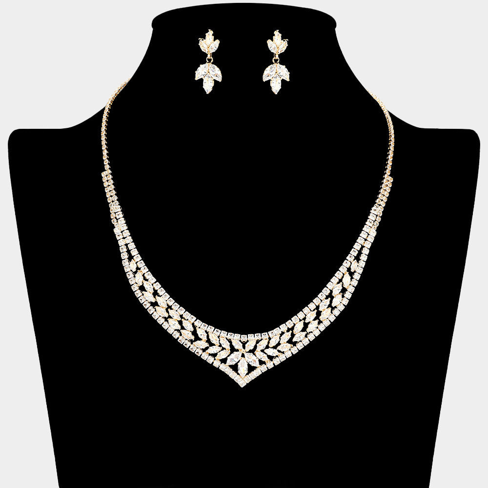 Madeline Love Clear, Gold Elegant Marquise CZ Cluster V Shape Rhinestone Necklace