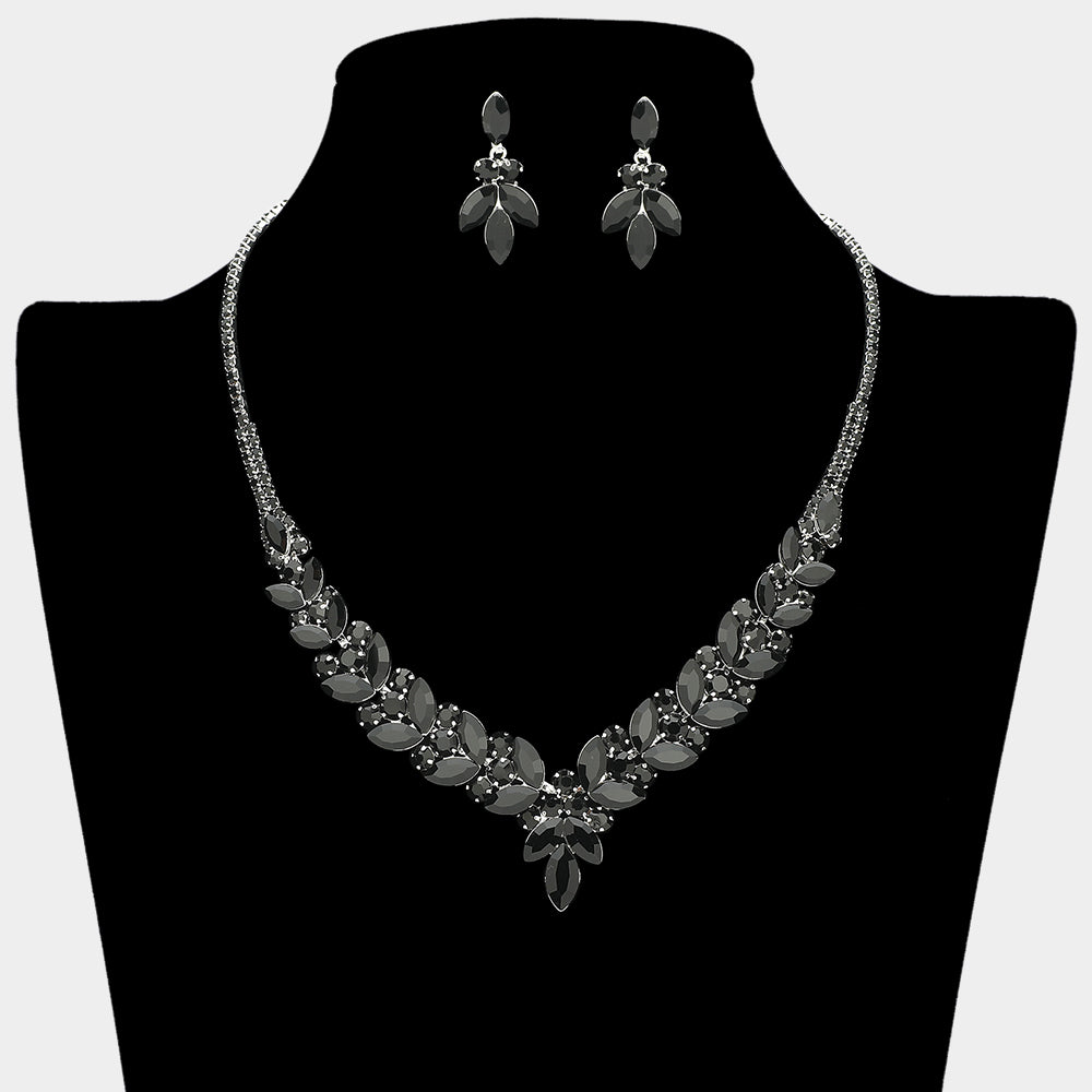 Madeline Love Black, Silver Marquise Stone Cluster Rhinestone Necklace