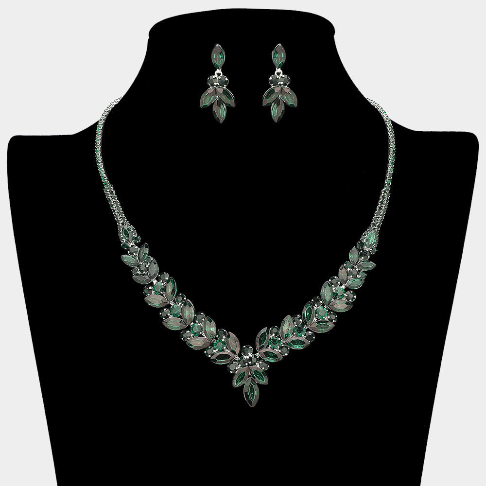 Madeline Love Emerald, Silver Marquise Stone Cluster Rhinestone Necklace